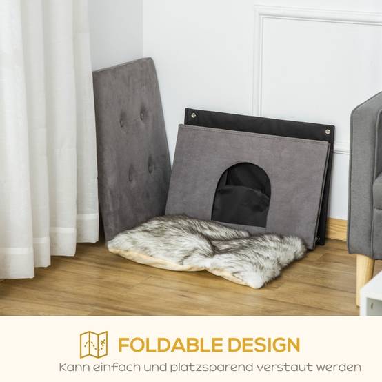 Niche Chat Tabouret 2en1 MDF Peluche Repose-Pieds Design Gris 60x45cm - ComfortXL Pet Living - Image 6