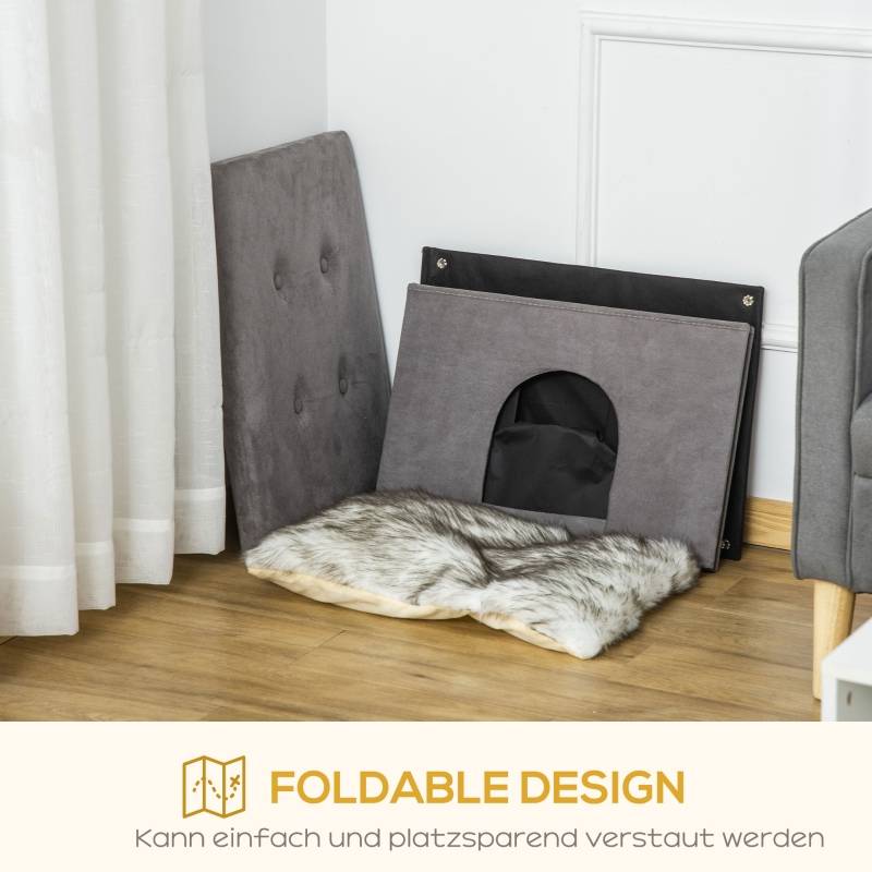 Niche Chat Tabouret 2en1 MDF Peluche Repose-Pieds Design Gris 60x45cm - ComfortXL Pet Living - Image 6