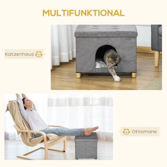 Niche Chat Tabouret 2en1 MDF Peluche Repose-Pieds Design Gris 60x45cm - ComfortXL Pet Living - Image 4