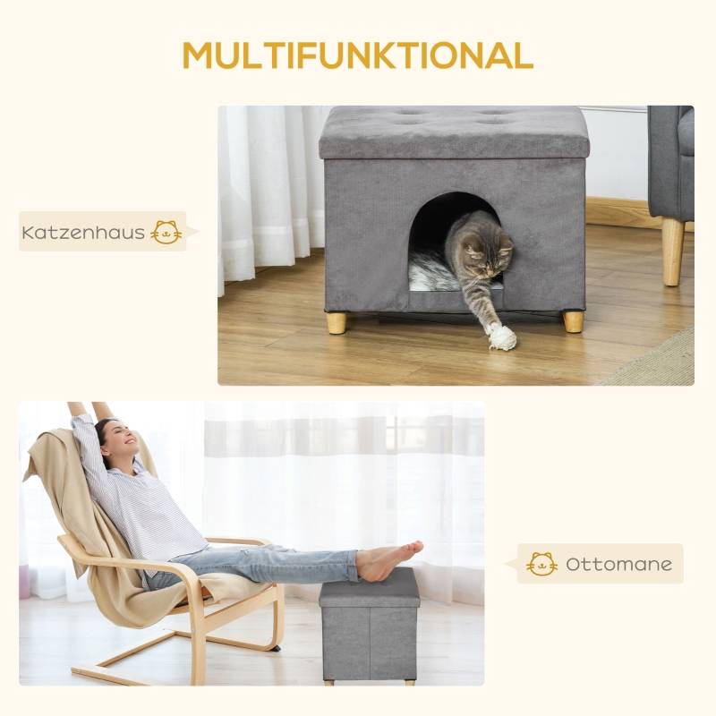 Niche Chat Tabouret 2en1 MDF Peluche Repose-Pieds Design Gris 60x45cm - ComfortXL Pet Living - Image 4