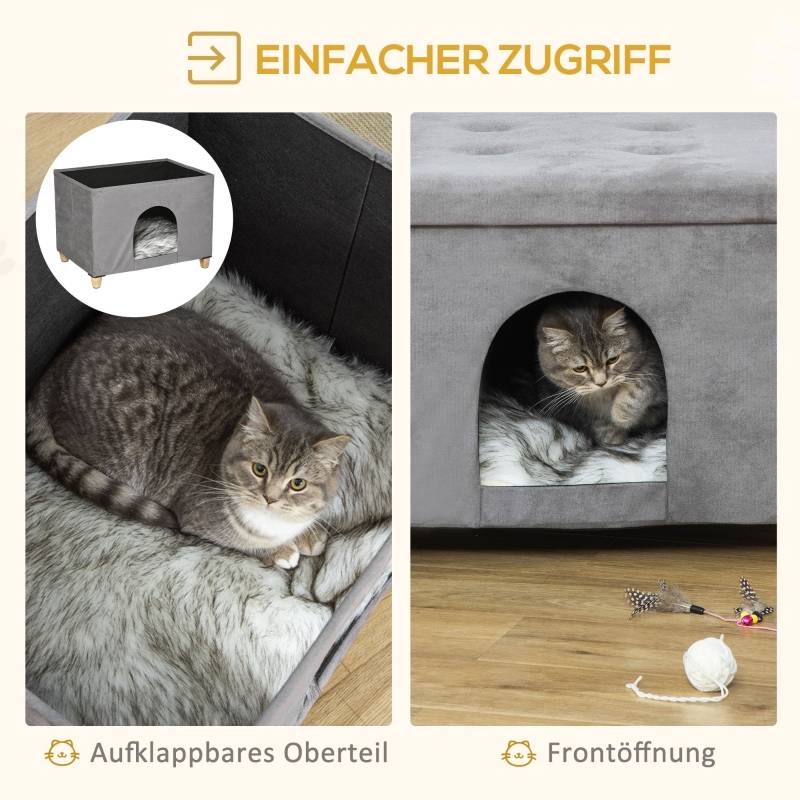 Niche Chat Tabouret 2en1 MDF Peluche Repose-Pieds Design Gris 60x45cm - ComfortXL Pet Living - Image 5