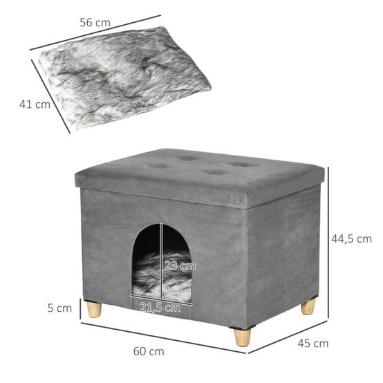 Niche Chat Tabouret 2en1 MDF Peluche Repose-Pieds Design Gris 60x45cm - ComfortXL Pet Living - Image 3