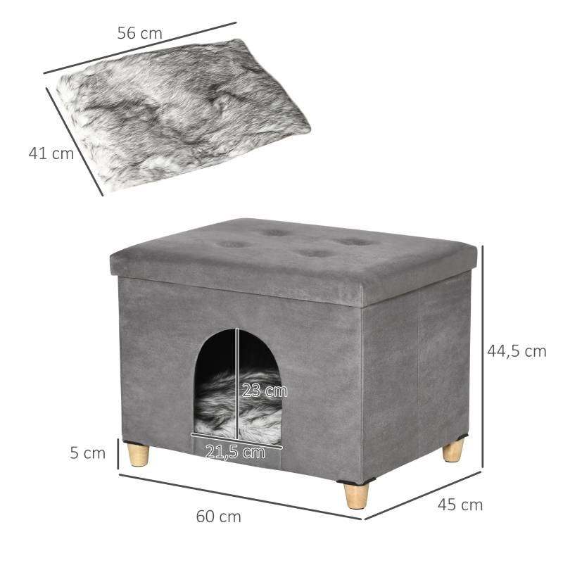 Niche Chat Tabouret 2en1 MDF Peluche Repose-Pieds Design Gris 60x45cm - ComfortXL Pet Living - Image 3
