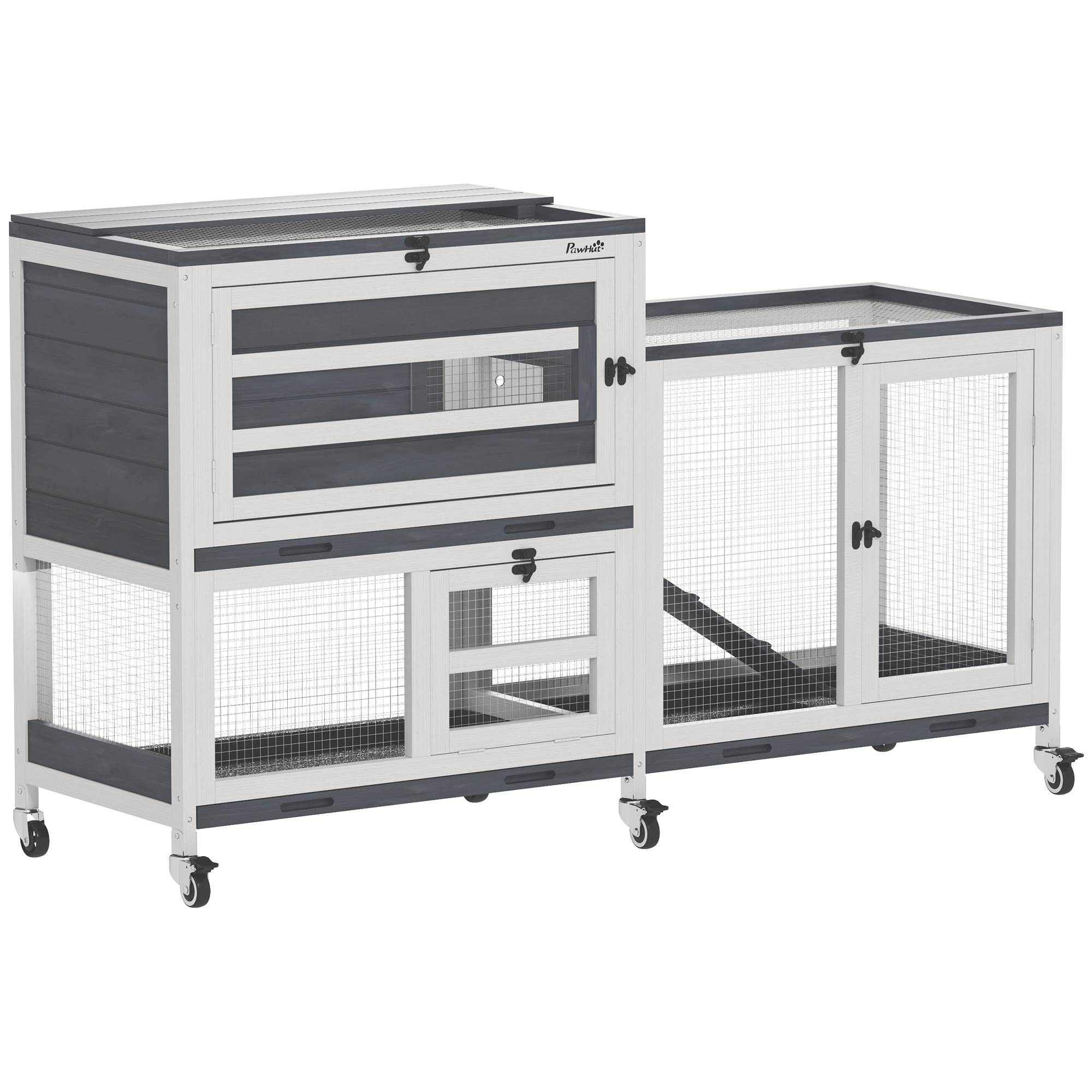 ComfortXL - Clapier cage lapin bois massif intérieur 2 étages roulettes 147x45x89cm gris - ComfortXL Outdoor Living - Image 2