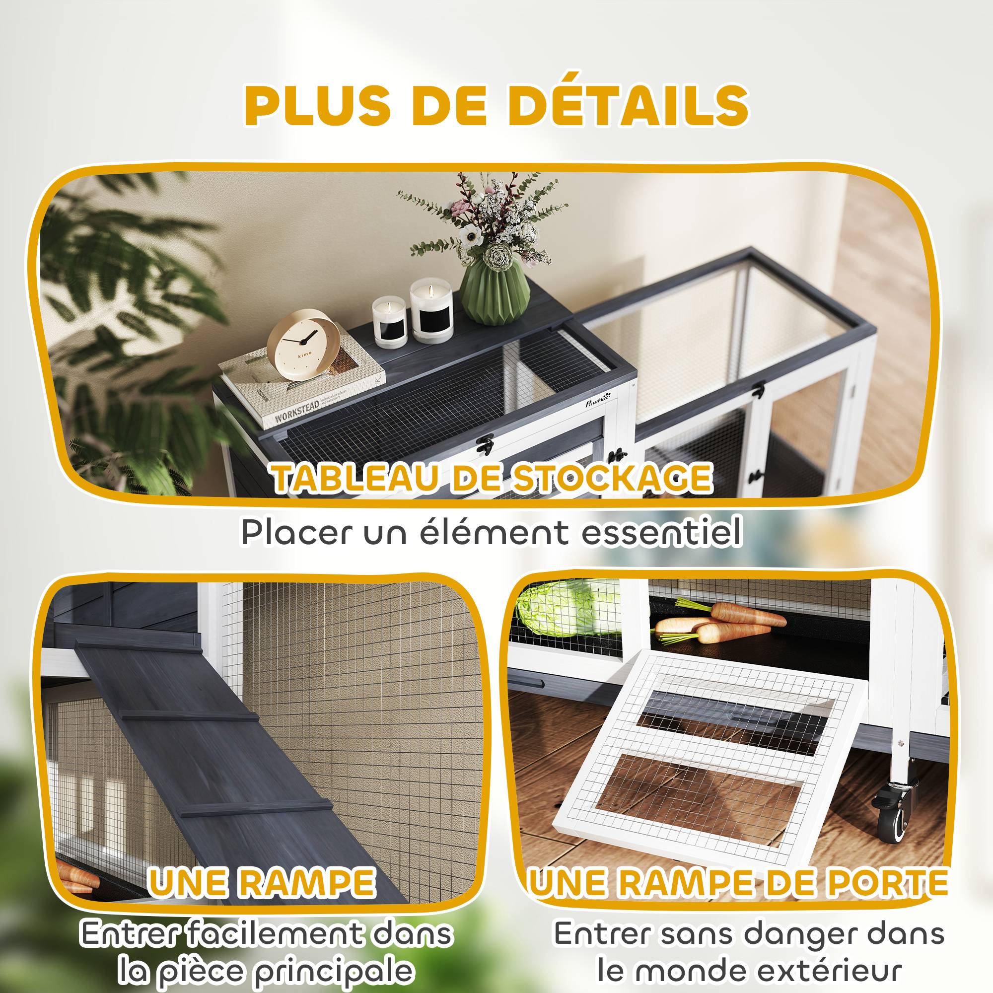 ComfortXL - Clapier cage lapin bois massif intérieur 2 étages roulettes 147x45x89cm gris - ComfortXL Outdoor Living - Image 10