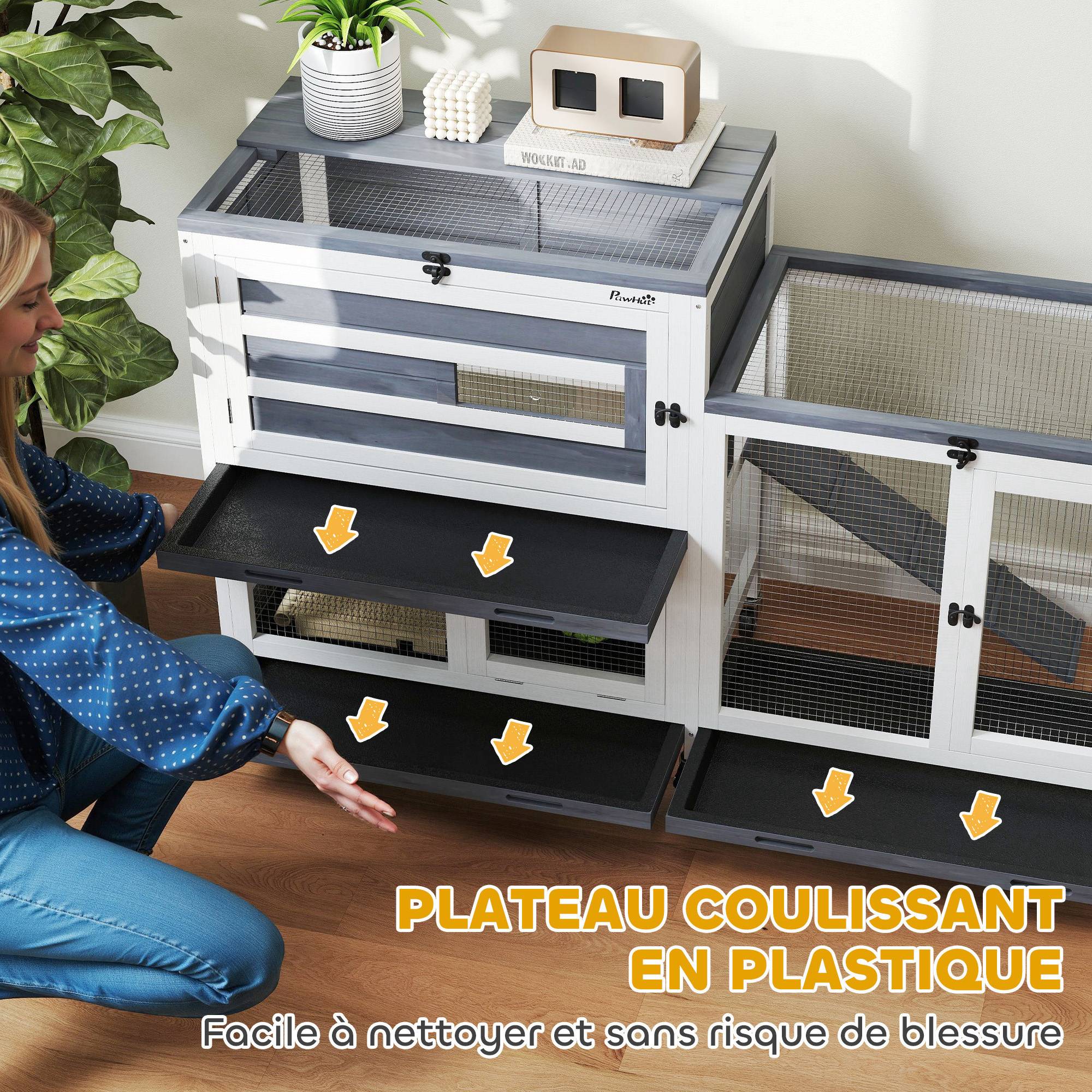 ComfortXL - Clapier cage lapin bois massif intérieur 2 étages roulettes 147x45x89cm gris - ComfortXL Outdoor Living - Image 7