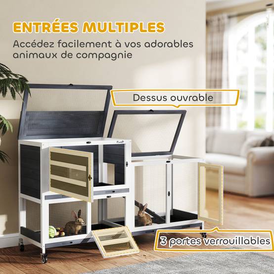 ComfortXL - Clapier cage lapin bois massif intérieur 2 étages roulettes 147x45x89cm gris - ComfortXL Outdoor Living - Image 9