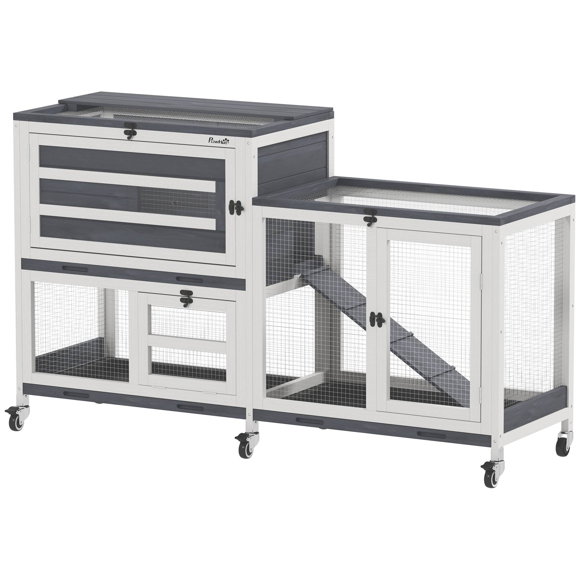 ComfortXL - Clapier cage lapin bois massif intérieur 2 étages roulettes 147x45x89cm gris - ComfortXL Outdoor Living - Image 1