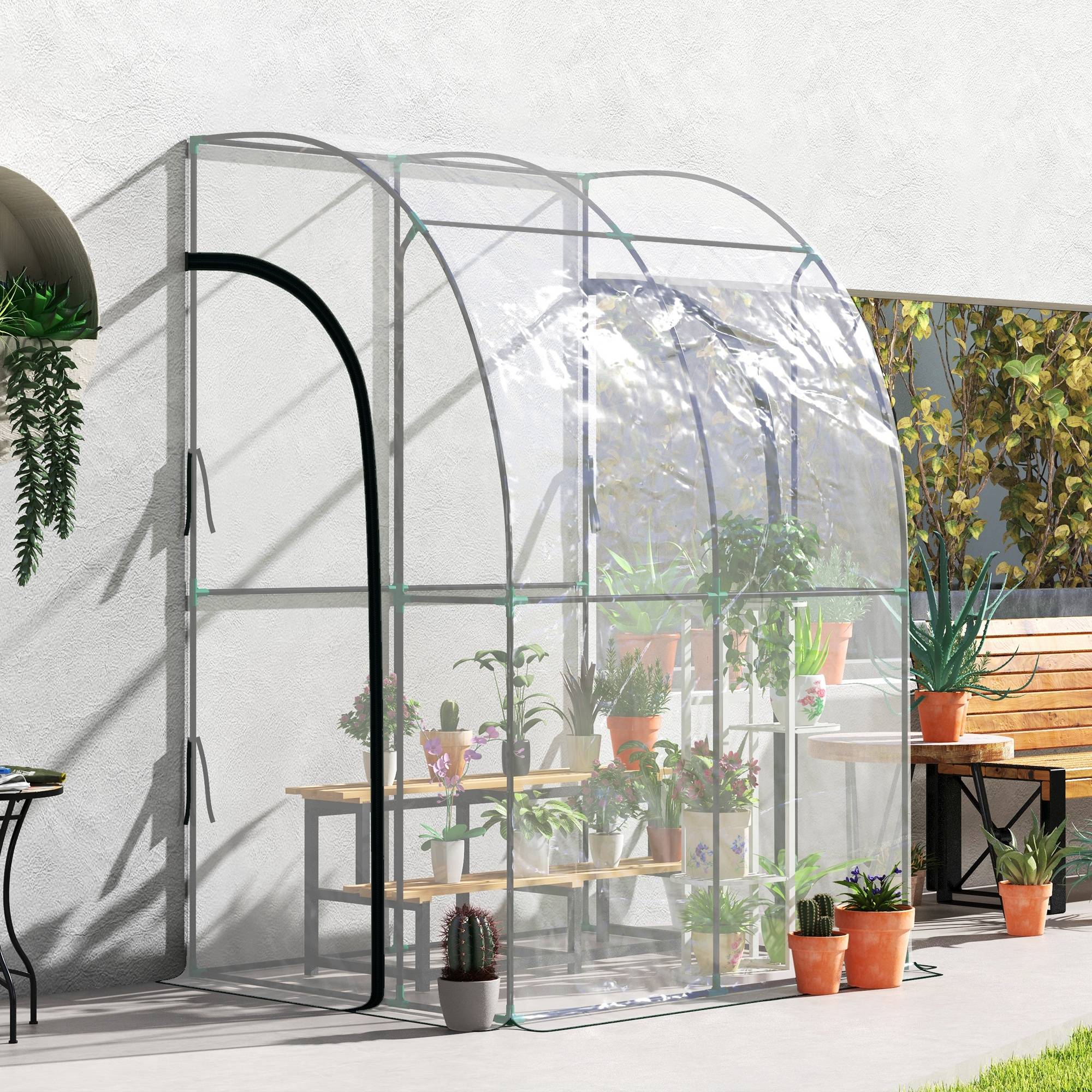 Sans Marque - Serre de Jardin adossée serre adossée 2 portes zippées enroulables acier PVC transparent - Image 4