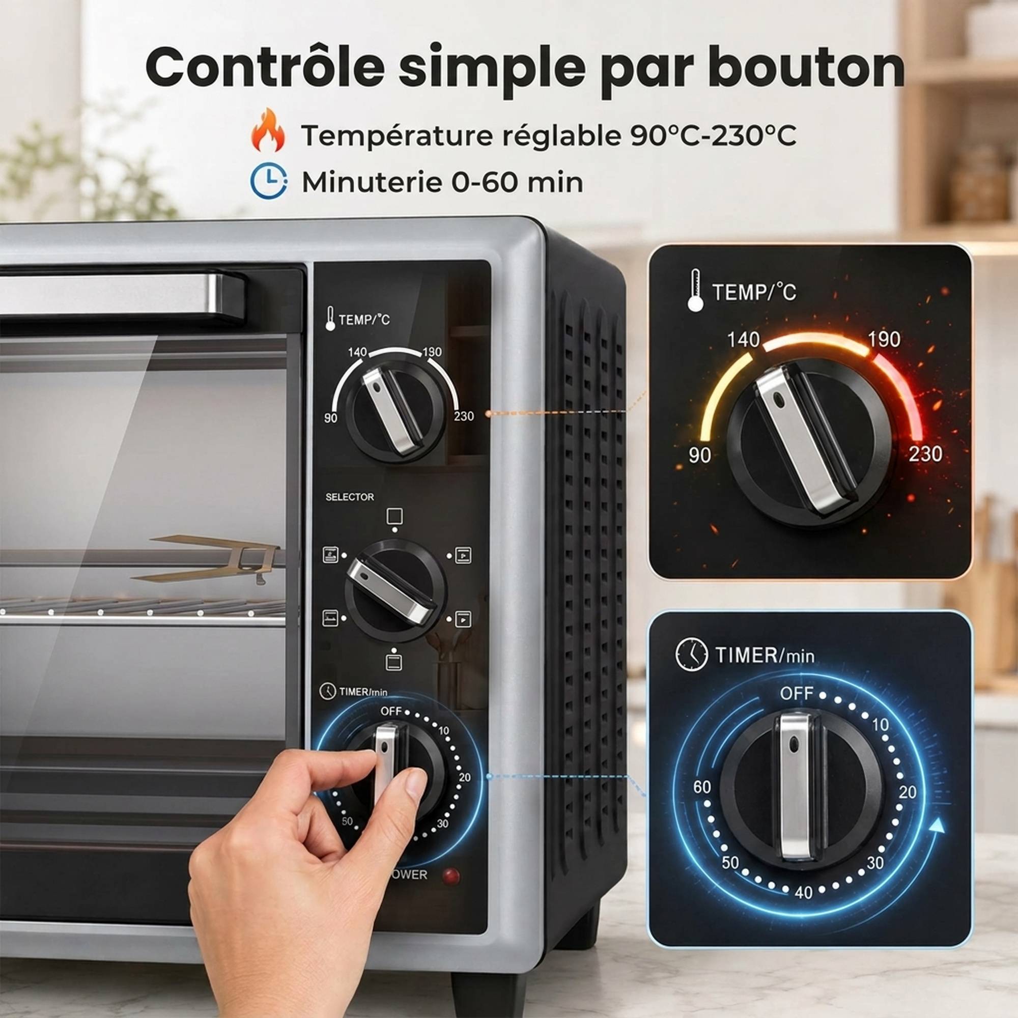 Mini four électrique avec broche rotative 46L 1800W, four multifonction à convection, chaleur tournante, minuterie, noir - Image 9