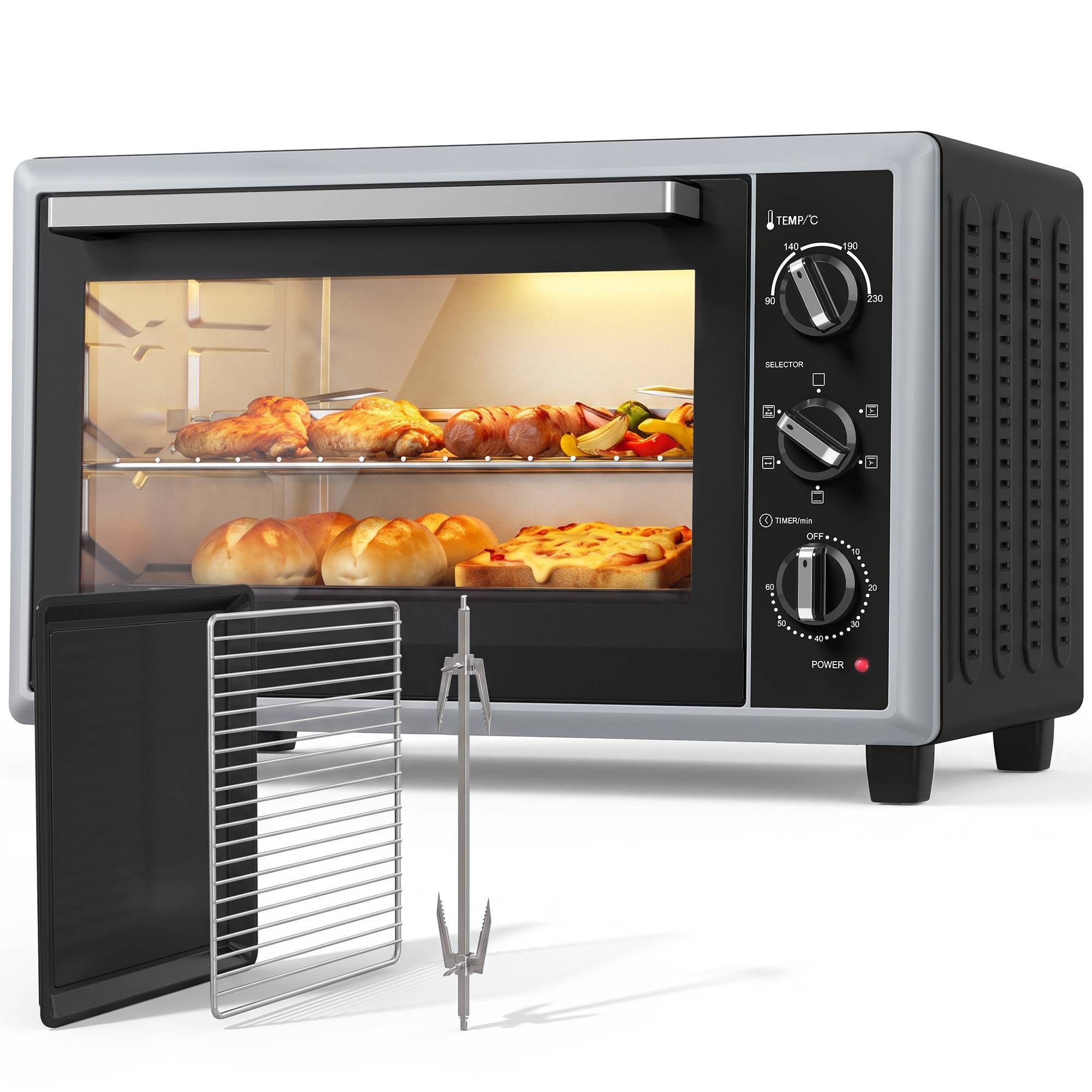 Mini four électrique avec broche rotative 46L 1800W, four multifonction à convection, chaleur tournante, minuterie, noir - Image 1