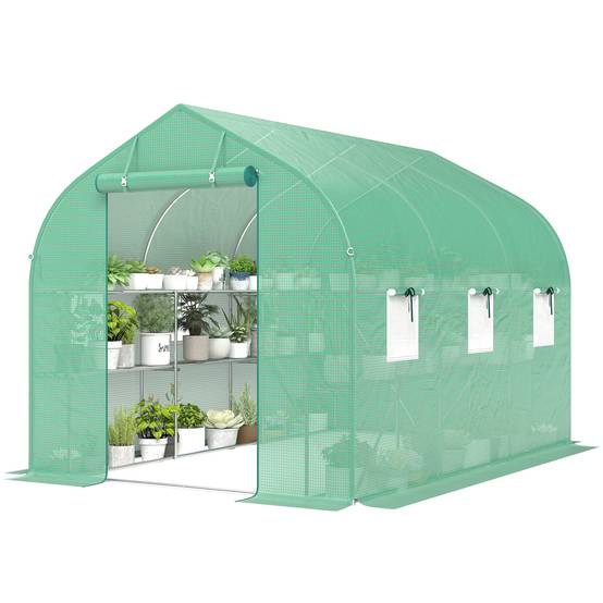 Serre tunnel de jardin 6m², serre de jardin avec étagères, porte et 6 fenêtres, cadre en acier galvanisé, vert - Image 2