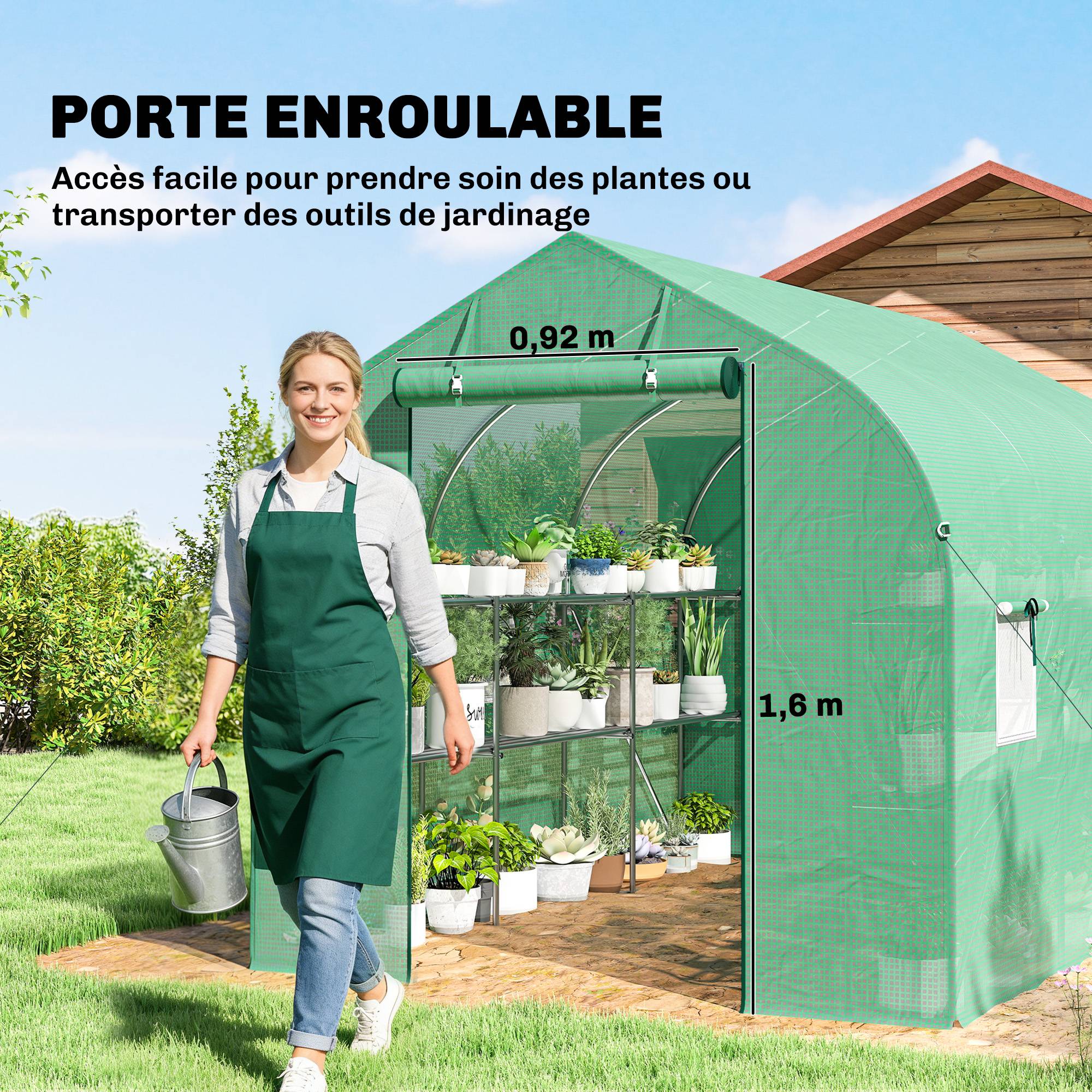 Serre tunnel de jardin 6m², serre de jardin avec étagères, porte et 6 fenêtres, cadre en acier galvanisé, vert - Image 9