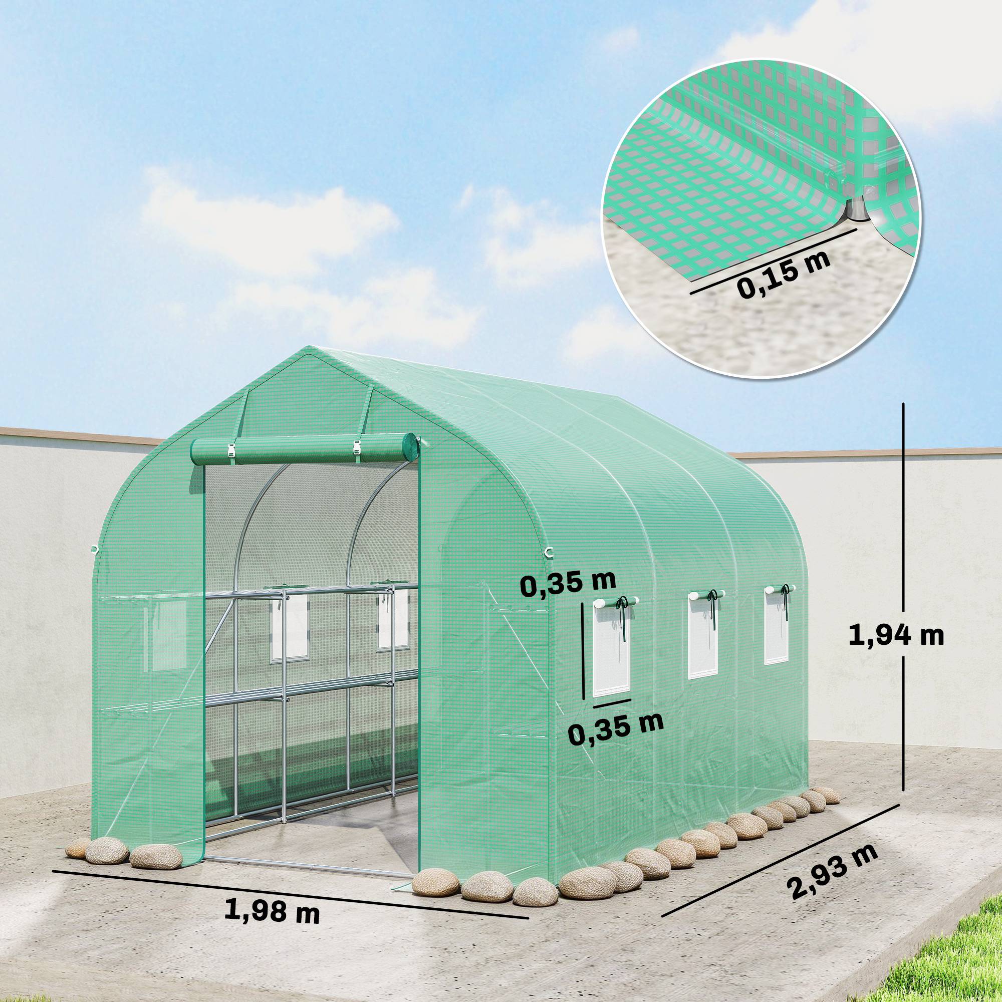Serre tunnel de jardin 6m², serre de jardin avec étagères, porte et 6 fenêtres, cadre en acier galvanisé, vert - Image 5