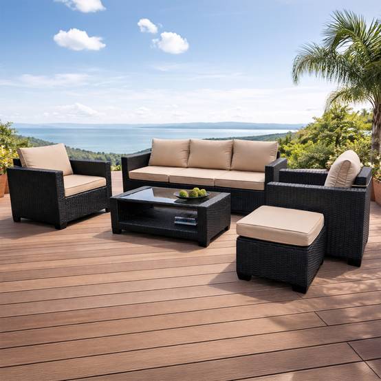 Salon de jardin 6 places modulable en résine tressée marron et beige MARABO - Image 5