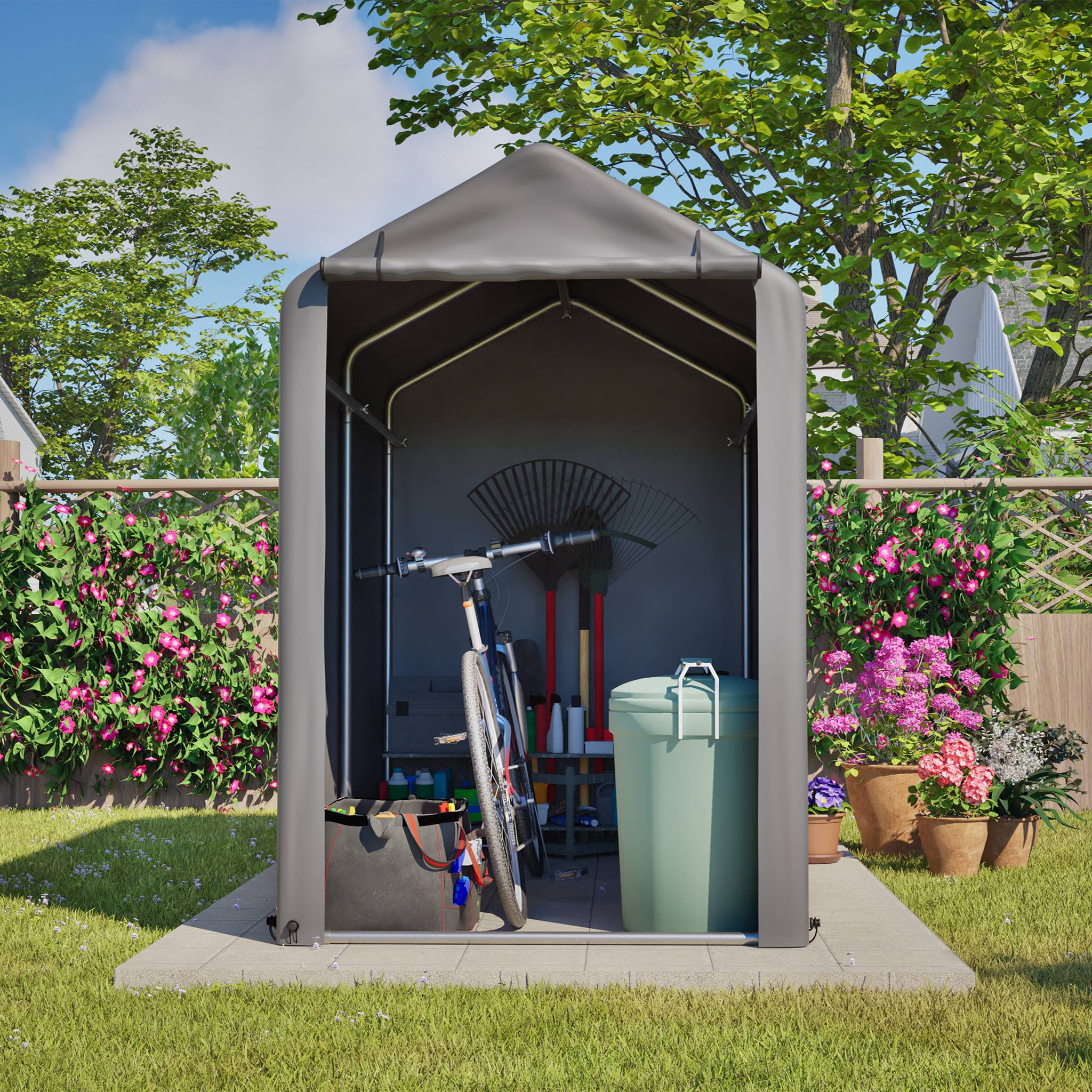 Carport abri vélo compact 187×100×160 cm, bâche PE étanche anti-UV, acier galvanisé gris - Image 3