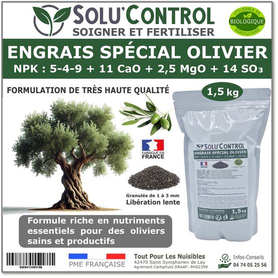 SOLU’CONTROL - ENGRAIS Spécial OLIVIER 1,5 kg - Formulation haute qualité Organo-Minerale - NPK 5-4-9 - Utilisable en Agriculture Biologique - Image 1