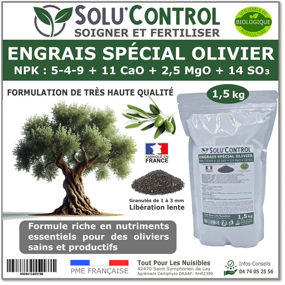 SOLU’CONTROL - ENGRAIS Spécial OLIVIER 1,5 kg - Formulation haute qualité Organo-Minerale - NPK 5-4-9 - Utilisable en Agriculture Biologique - Image 1