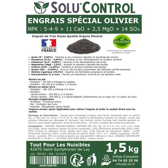 SOLU’CONTROL - ENGRAIS Spécial OLIVIER 1,5 kg - Formulation haute qualité Organo-Minerale - NPK 5-4-9 - Utilisable en Agriculture Biologique - Image 3