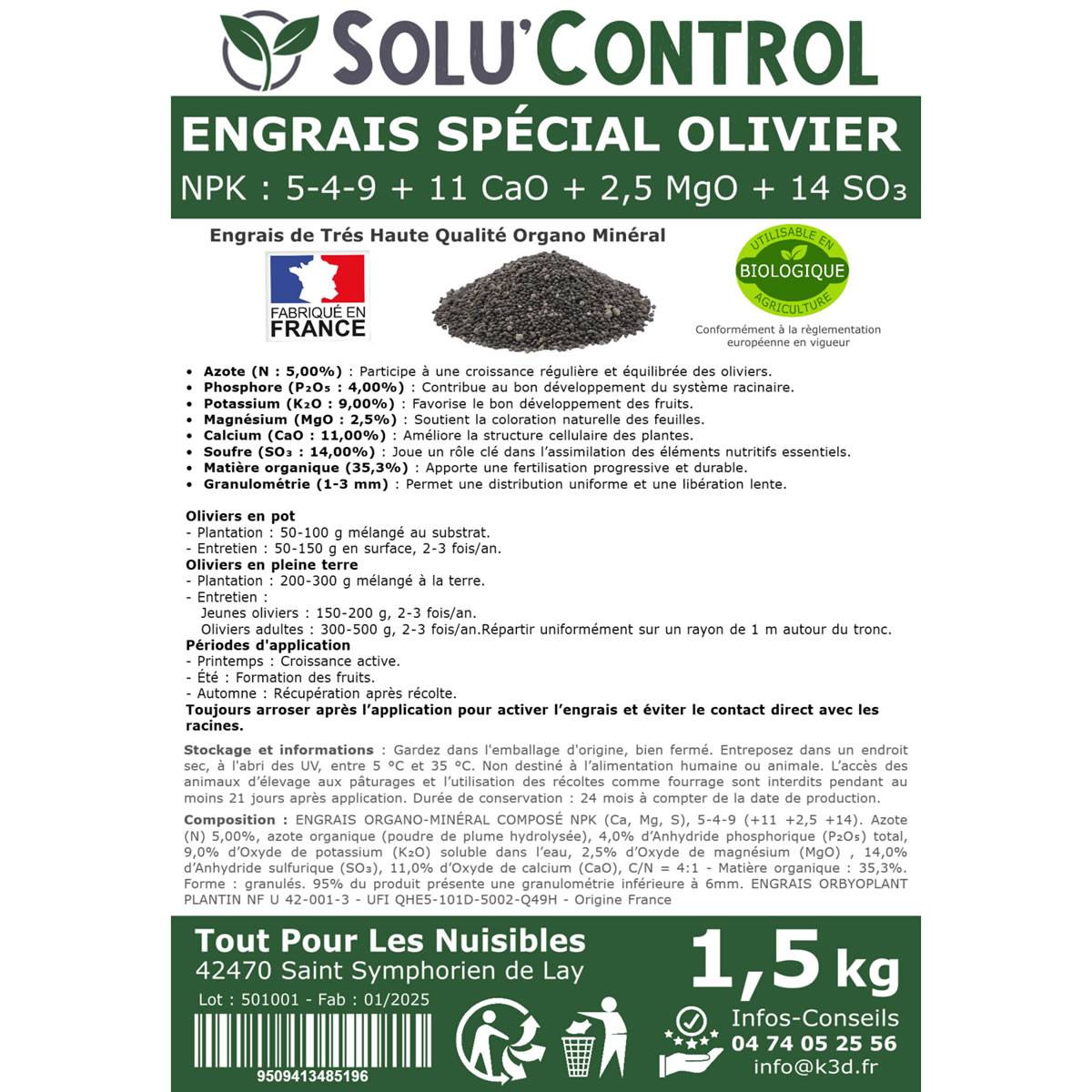 SOLU’CONTROL - ENGRAIS Spécial OLIVIER 1,5 kg - Formulation haute qualité Organo-Minerale - NPK 5-4-9 - Utilisable en Agriculture Biologique - Image 3