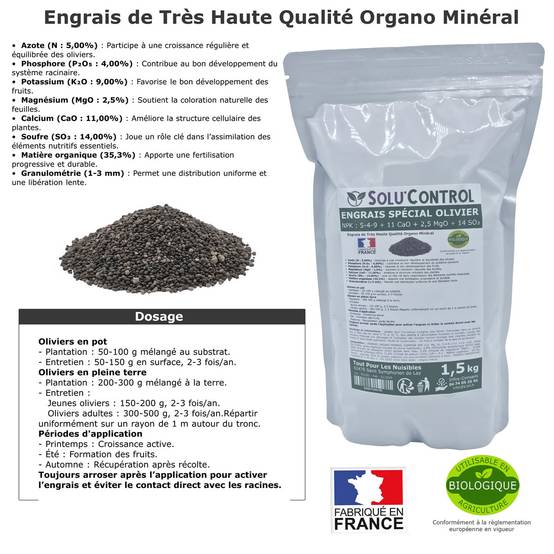 SOLU’CONTROL - ENGRAIS Spécial OLIVIER 1,5 kg - Formulation haute qualité Organo-Minerale - NPK 5-4-9 - Utilisable en Agriculture Biologique - Image 2