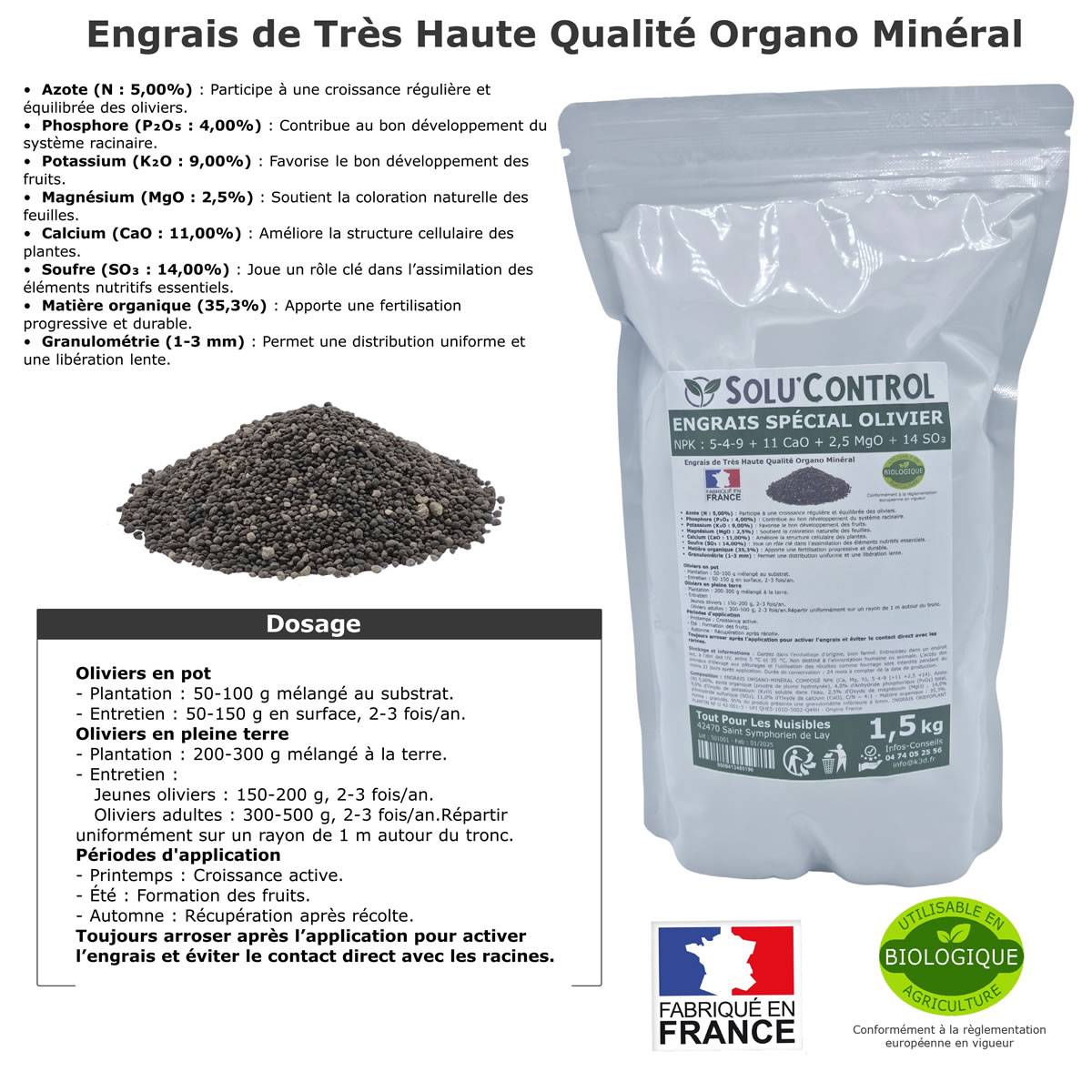 SOLU’CONTROL - ENGRAIS Spécial OLIVIER 1,5 kg - Formulation haute qualité Organo-Minerale - NPK 5-4-9 - Utilisable en Agriculture Biologique - Image 2