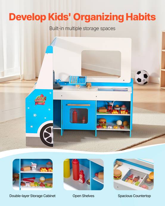 Vevor - VEVOR Chariot à glaces en bois MDF pour enfants 3-7 ans, 25 accessoires, rangement intégré, stand glacier jouet. - Image 4