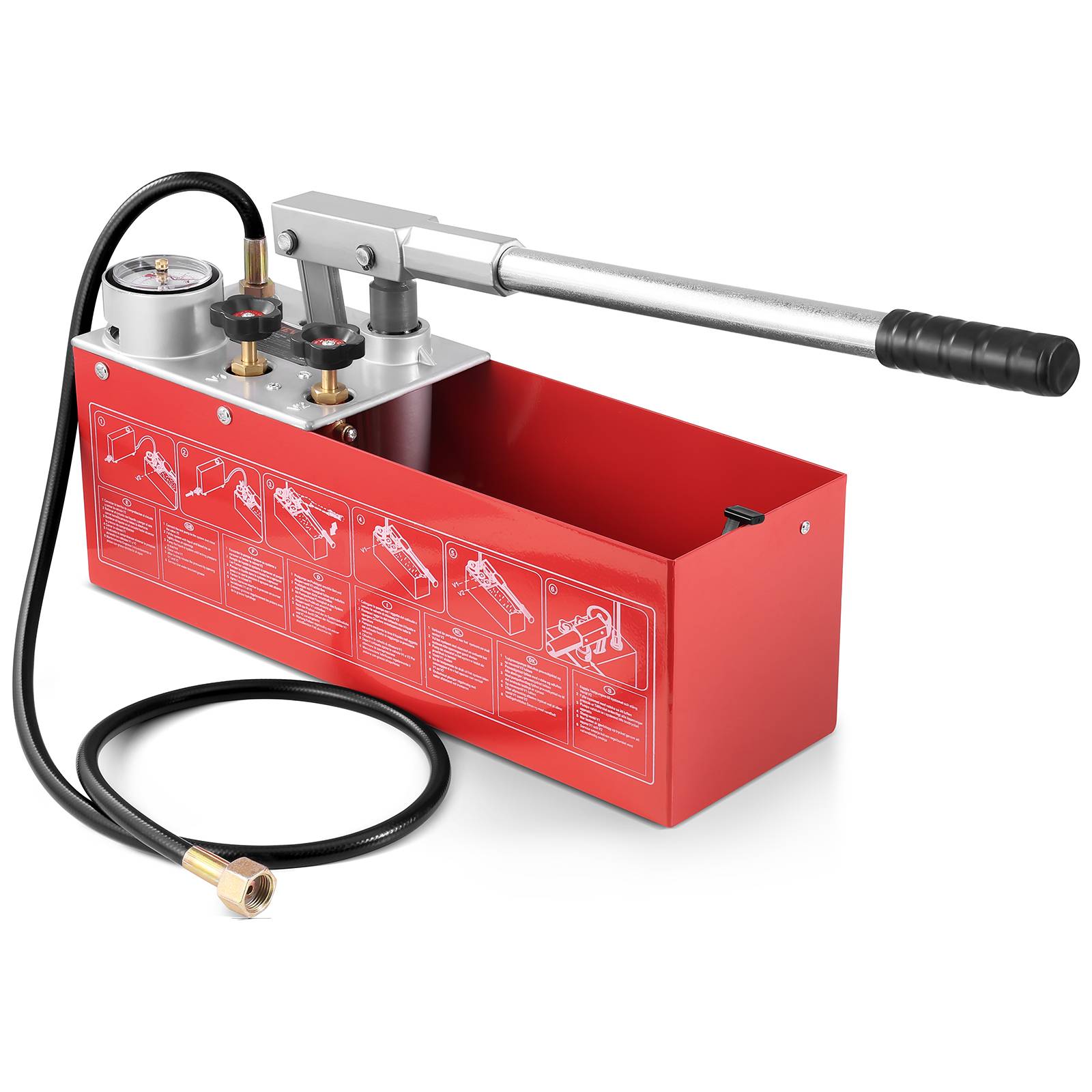 VEVOR Pompe test hydrostatique 25 bar, double valve, réservoir 10L, tuyau 1.4m, pour canalisations. - Image 1