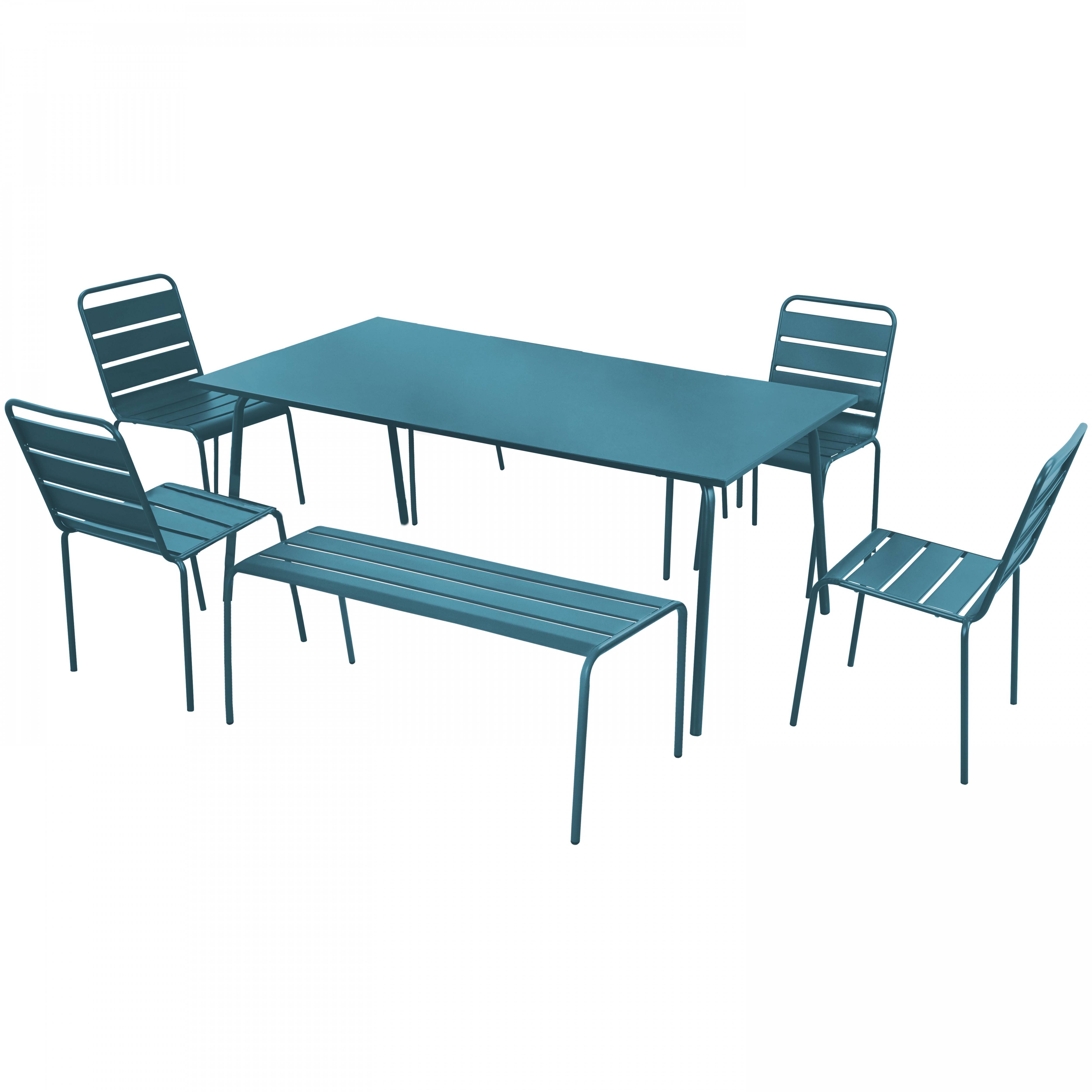 Oviala - Salon de jardin 2 bancs et 4 chaises en acier bleu pacific Palavas - Oviala - Imagen 1