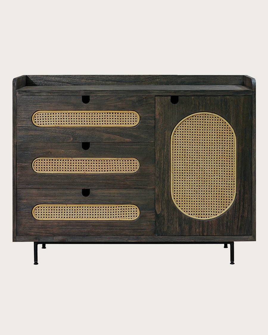 Sanaa - Commode noire 3 tiroirs en mindy massif et cannage - UNIQKA - Imagen 1