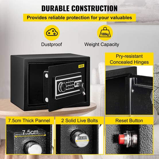 VEVOR Coffre-fort biométrique 22,6L, empreintes/combi/clés, acier anti-effraction, 4 types, noir. - Image 4