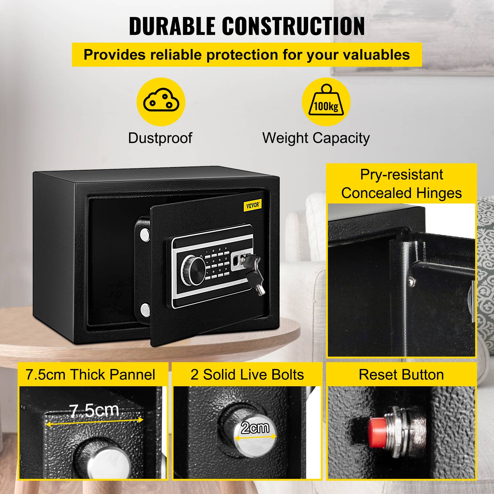 VEVOR Coffre-fort biométrique 22,6L, empreintes/combi/clés, acier anti-effraction, 4 types, noir. - Image 4