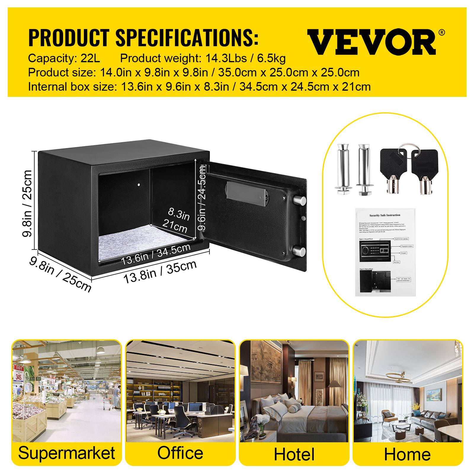 VEVOR Coffre-fort biométrique 22,6L, empreintes/combi/clés, acier anti-effraction, 4 types, noir. - Image 7