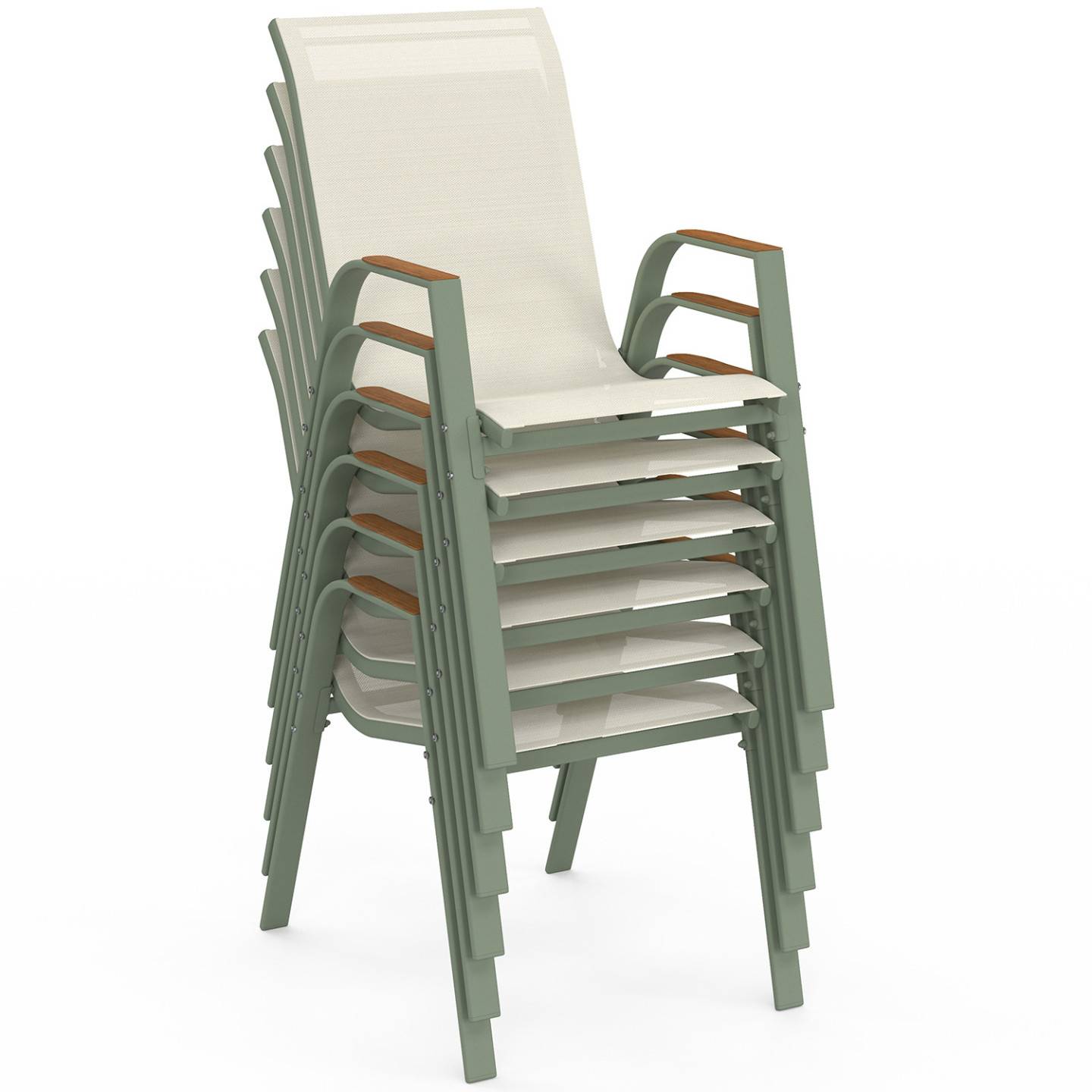 Lot de 6 chaises de jardin NOUMEA métal et textilène empilables vert et bois - Image 4