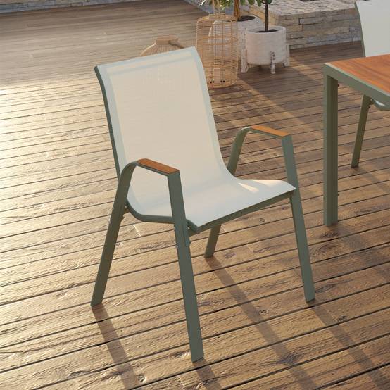 Lot de 6 chaises de jardin NOUMEA métal et textilène empilables vert et bois - Image 1