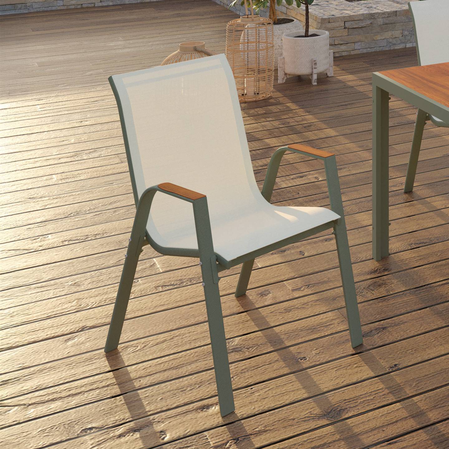 Lot de 6 chaises de jardin NOUMEA métal et textilène empilables vert et bois - Image 1