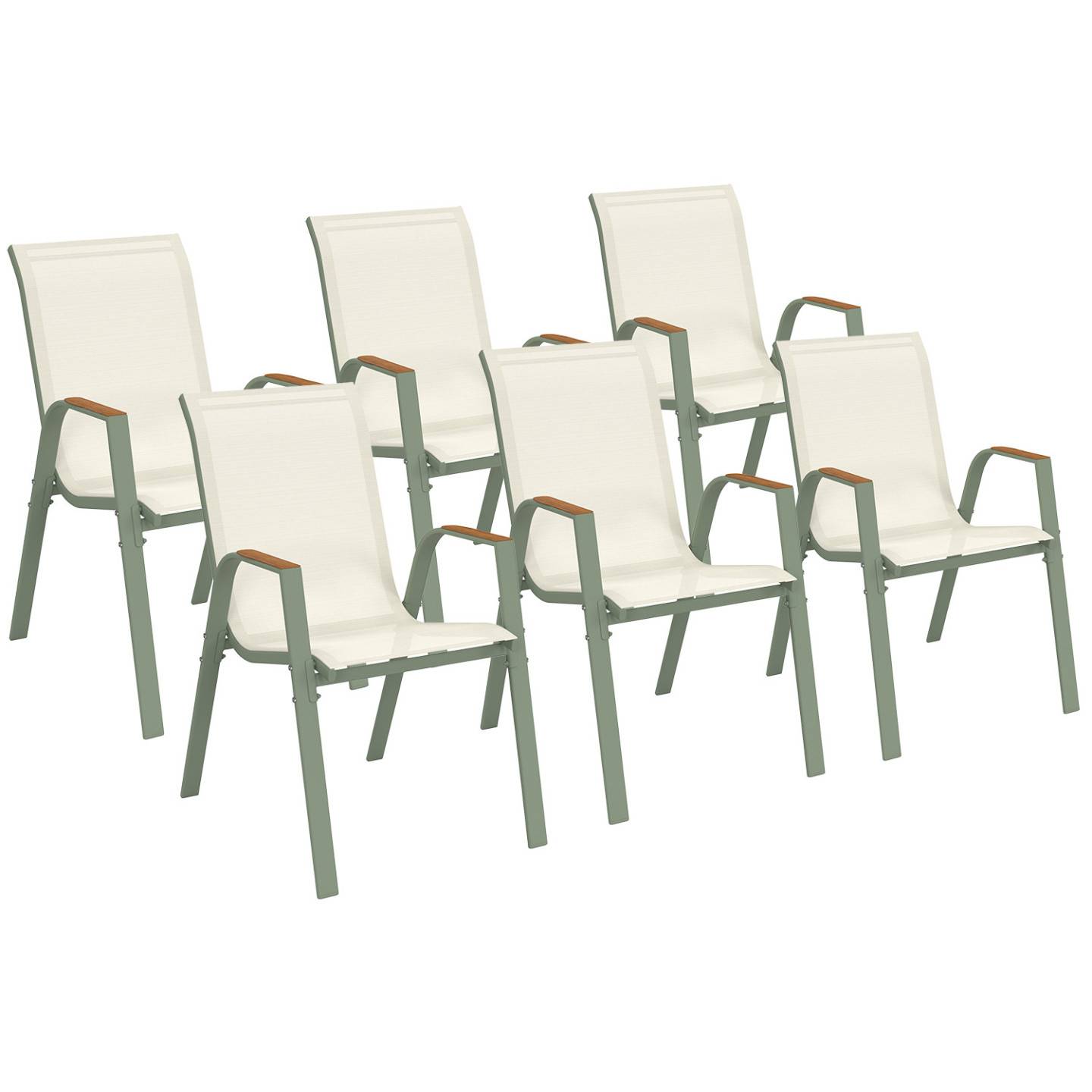 Lot de 6 chaises de jardin NOUMEA métal et textilène empilables vert et bois - Image 2