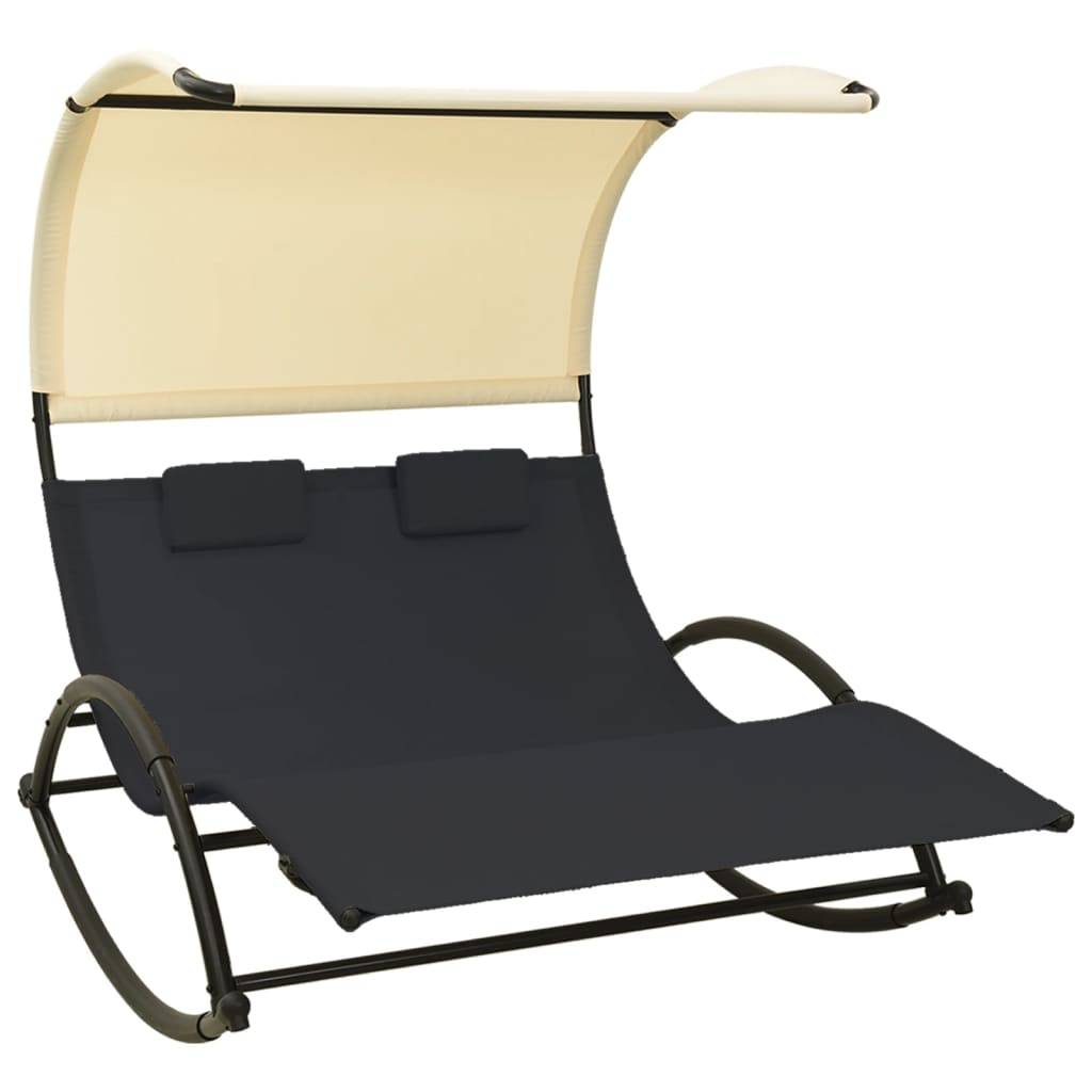 Helloshop26 - Transat chaise longue bain de soleil lit de jardin terrasse meuble d'extérieur double avec auvent textilène noir et crème - Imagen 1