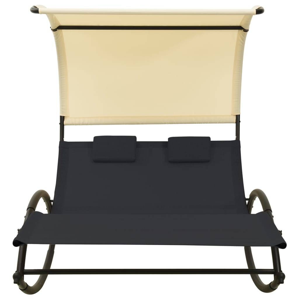 Helloshop26 - Transat chaise longue bain de soleil lit de jardin terrasse meuble d'extérieur double avec auvent textilène noir et crème - Imagen 2