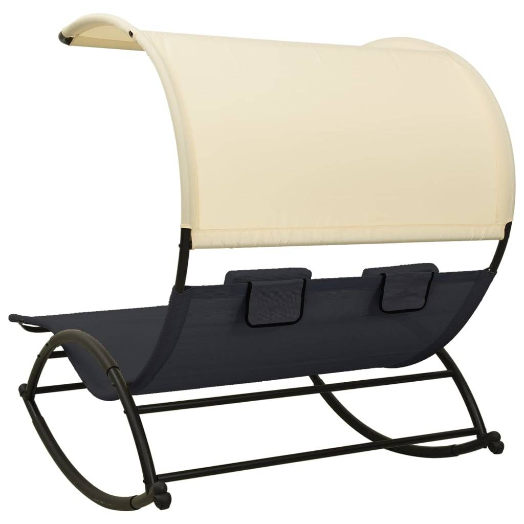 Helloshop26 - Transat chaise longue bain de soleil lit de jardin terrasse meuble d'extérieur double avec auvent textilène noir et crème - Imagen 4