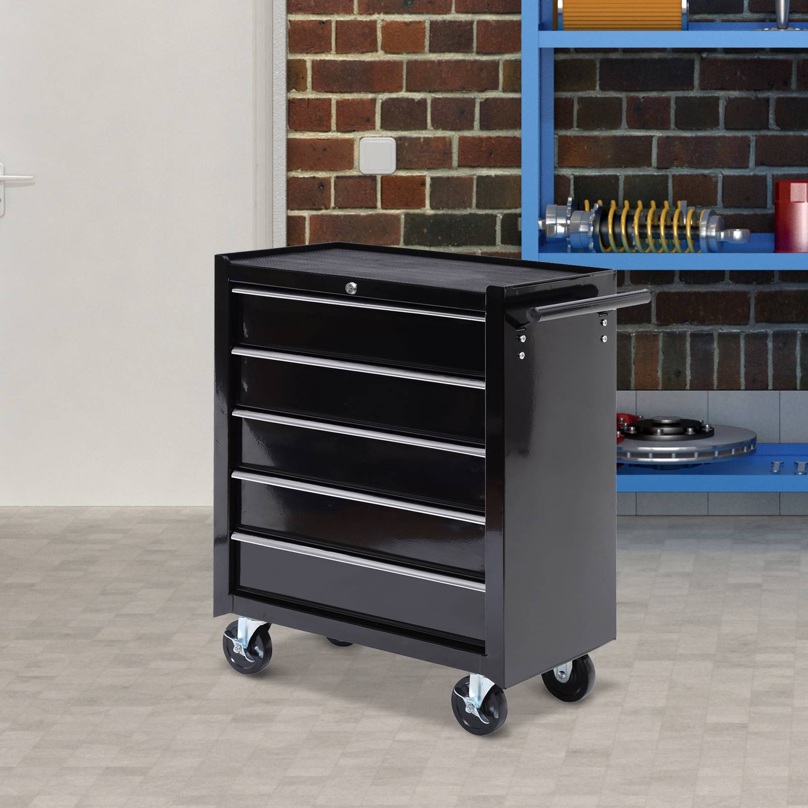 Sans Marque - Coffre à outils, armoire roulante, 5 tiroirs, acier, noir - Image 3