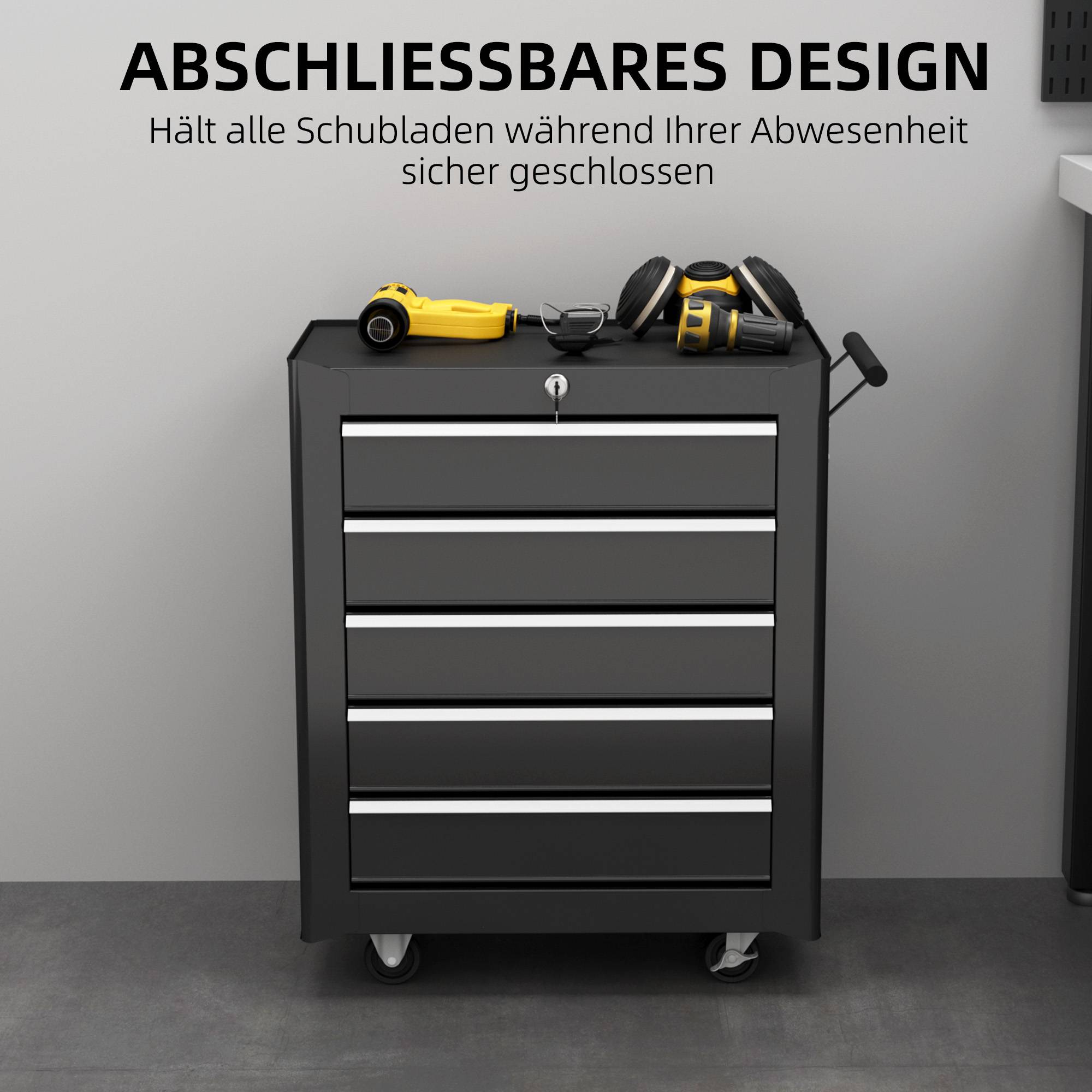 Sans Marque - Coffre à outils, armoire roulante, 5 tiroirs, acier, noir - Image 9
