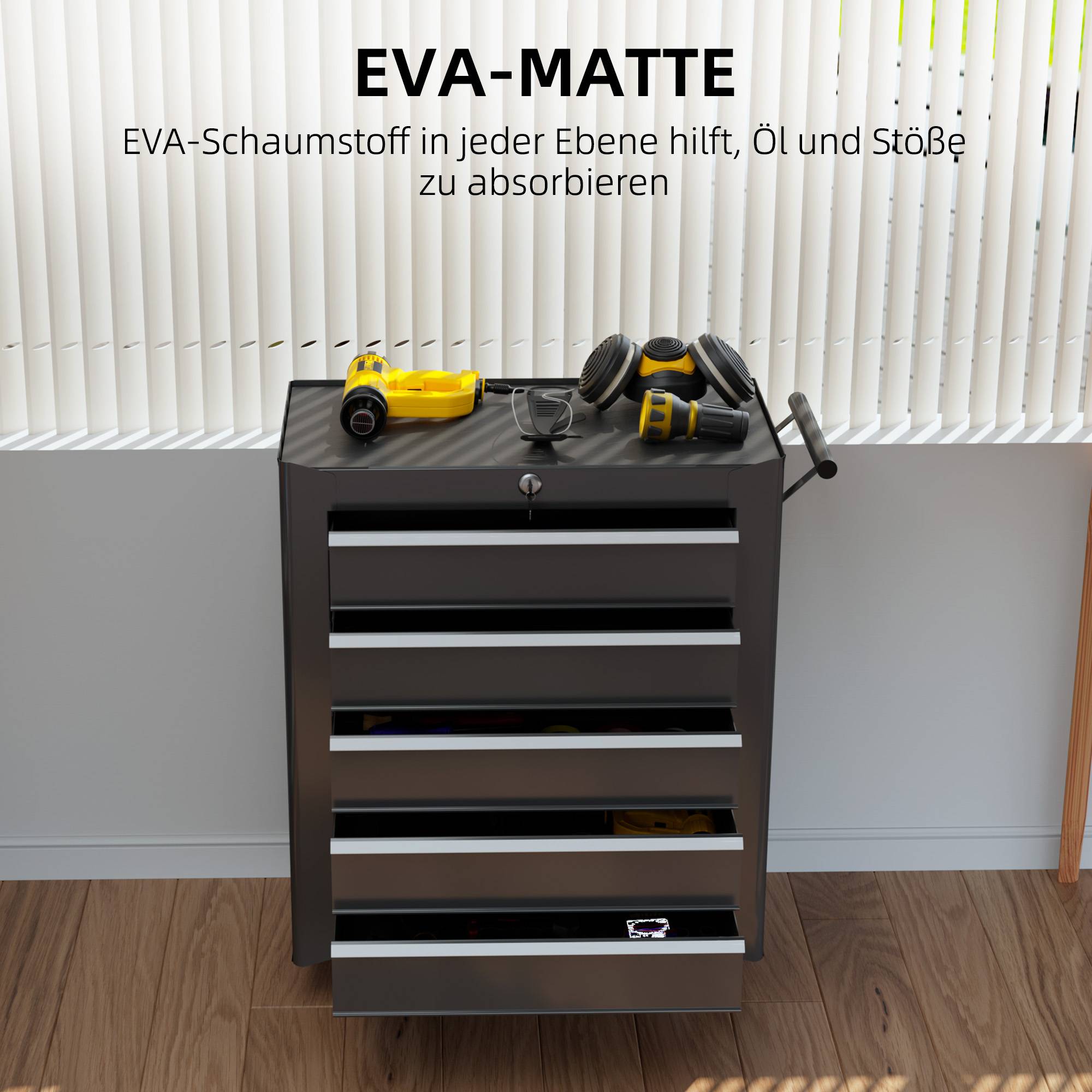 Sans Marque - Coffre à outils, armoire roulante, 5 tiroirs, acier, noir - Image 7
