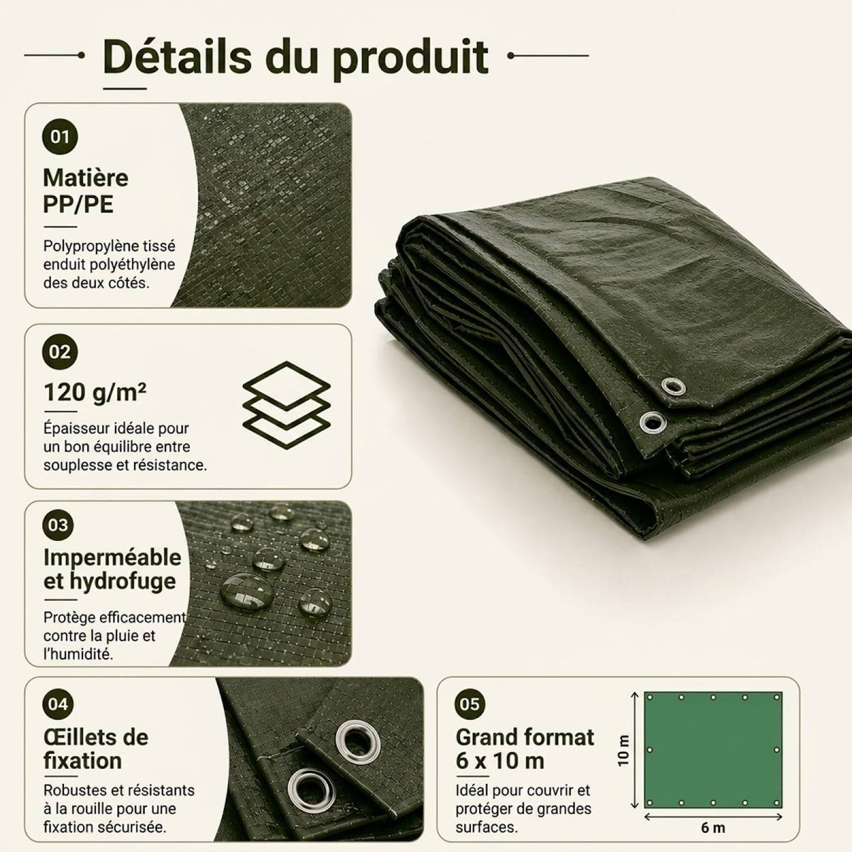 Vito - Bâche de protection 6 x 10 m Bache à oeillets Etanche Protection Anti UV VITO - Imagen 4
