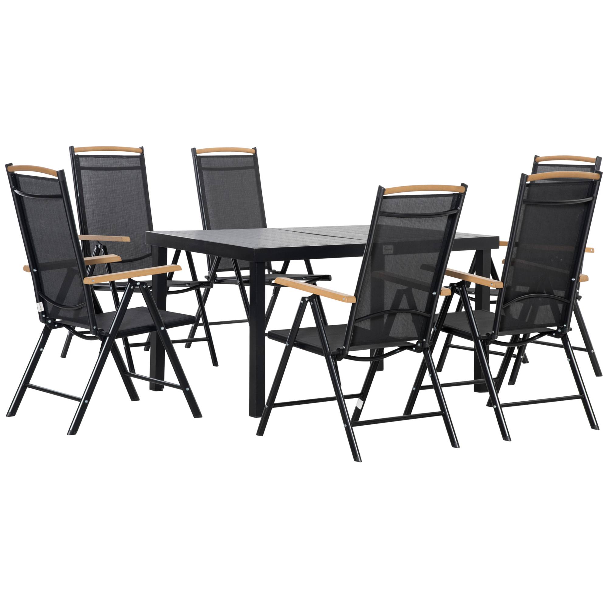ComfortXL - Salon de jardin aluminium noir table 140 x 90 cm et 6 chaises pliantes réglables pour repas en terrasse - Image 2