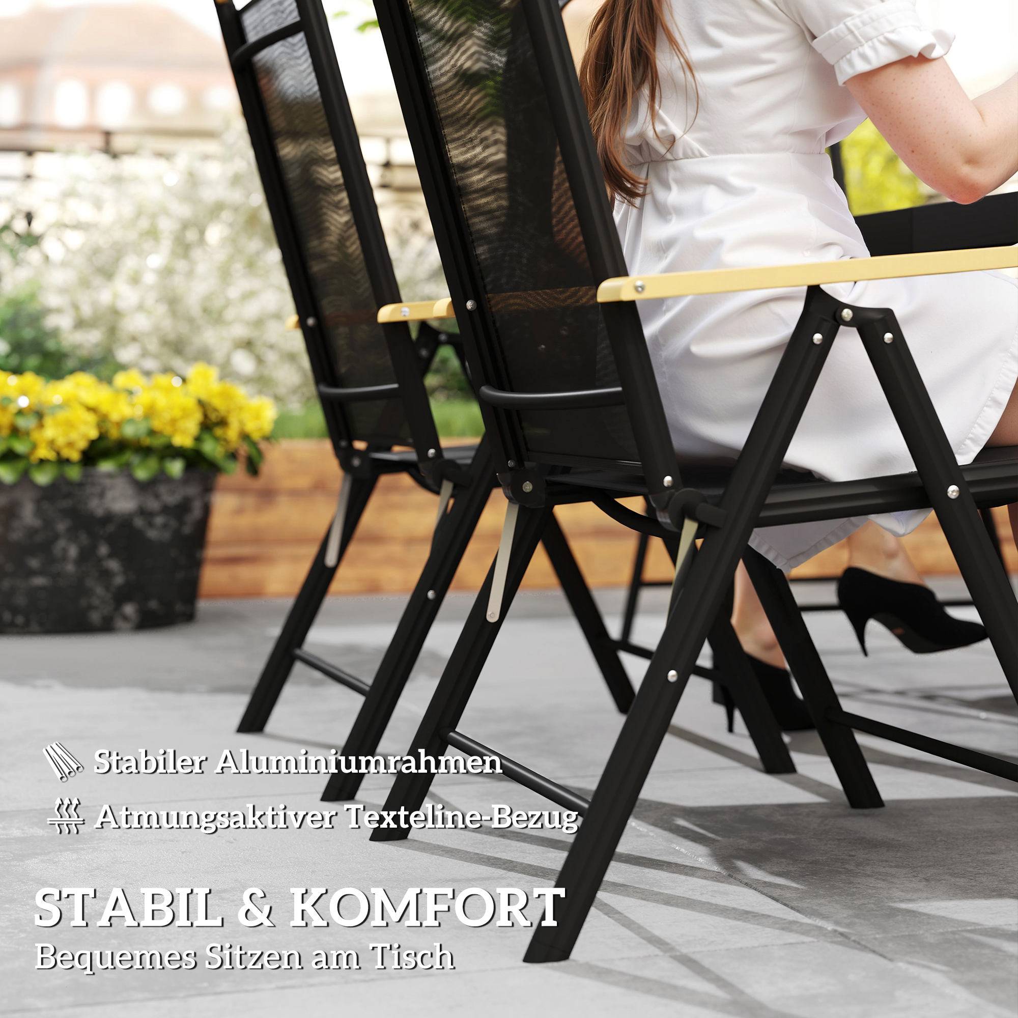 ComfortXL - Salon de jardin aluminium noir table 140 x 90 cm et 6 chaises pliantes réglables pour repas en terrasse - Image 6