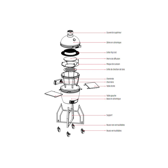 Barbecue à charbon de bois Céramique Kamado Noir 2 zones de cuisson Grill & Fumoir Ø56cm - Barbecue mobile + 2 tablettes INTEC - Image 9