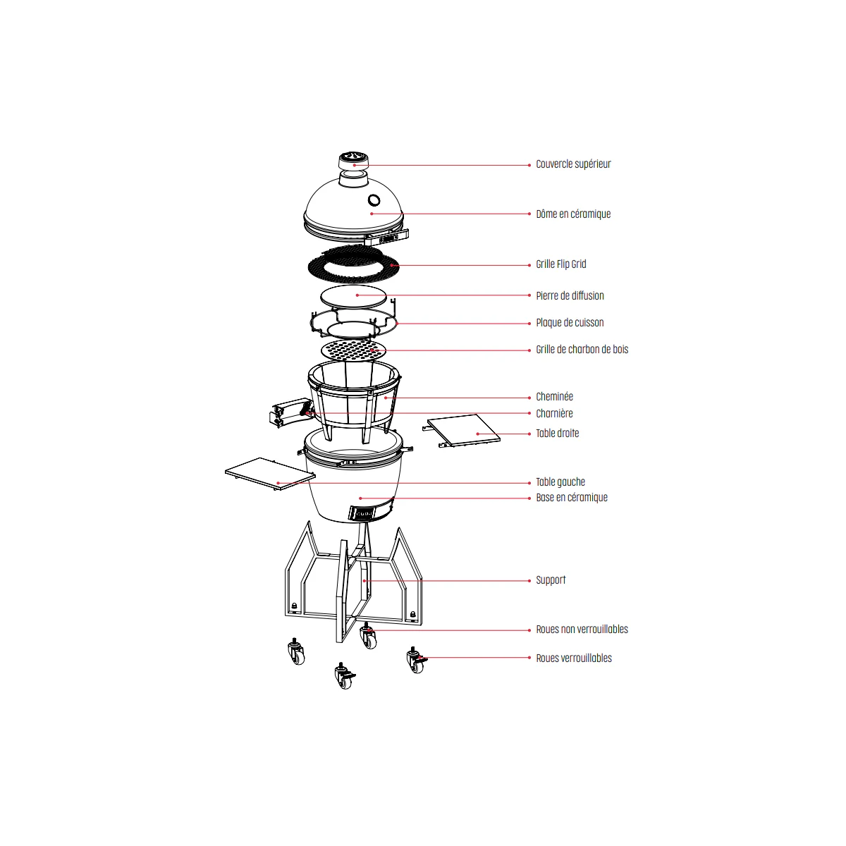 Barbecue à charbon de bois Céramique Kamado Noir 2 zones de cuisson Grill & Fumoir Ø56cm - Barbecue mobile + 2 tablettes INTEC - Image 9