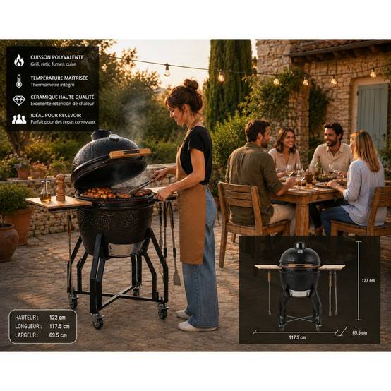 Barbecue à charbon de bois Céramique Kamado Noir 2 zones de cuisson Grill & Fumoir Ø56cm - Barbecue mobile + 2 tablettes INTEC - Image 4