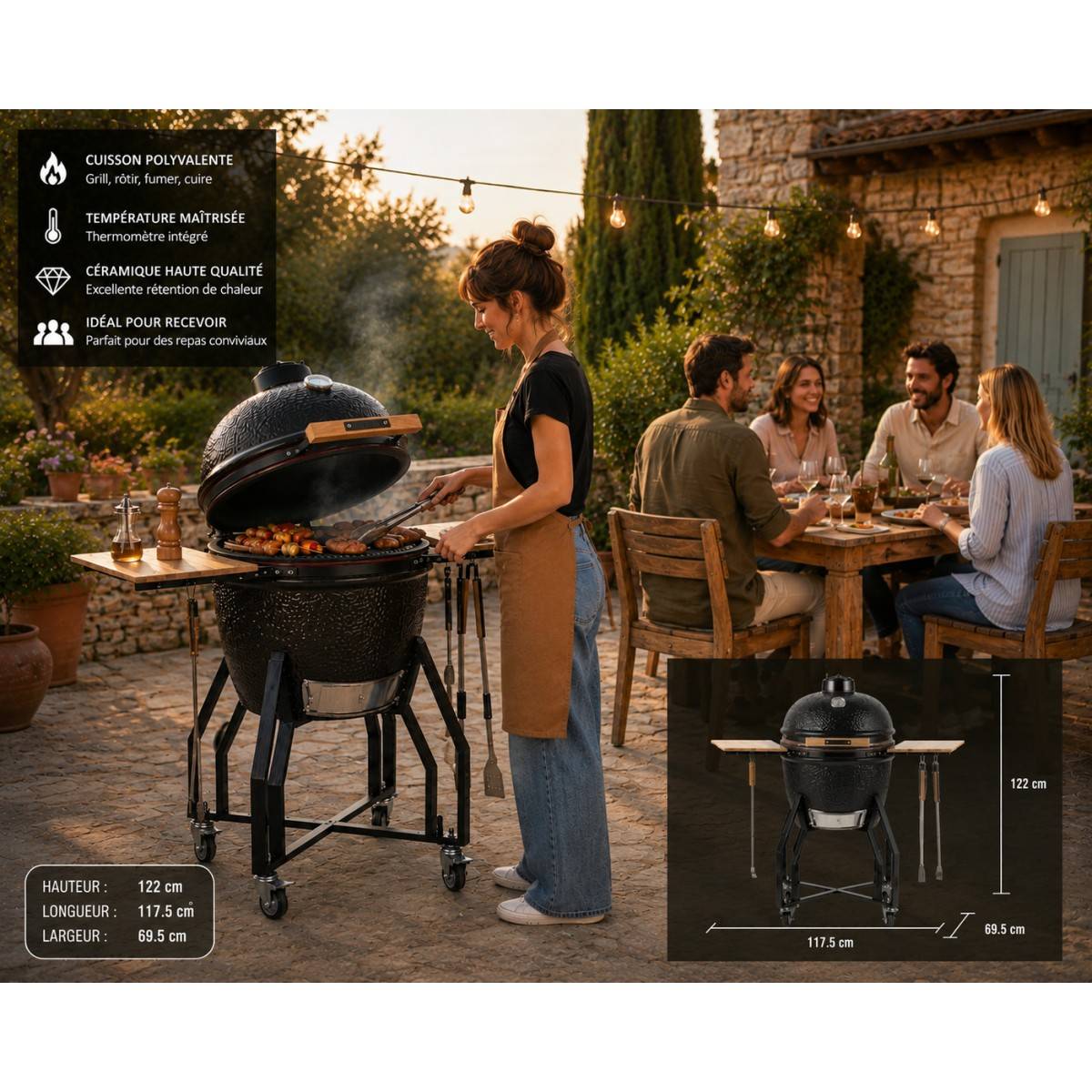 Barbecue à charbon de bois Céramique Kamado Noir 2 zones de cuisson Grill & Fumoir Ø56cm - Barbecue mobile + 2 tablettes INTEC - Image 4